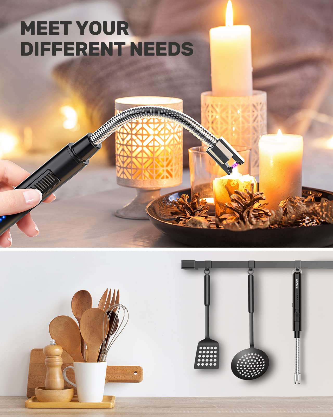 RONXS Electric Lighter, Candle Lighters USB Rechargeable Arc Lighter with Hanging Hook, LED Battery Display Long Lighters for Candle Grill BBQ Home Outdoor - CookCave