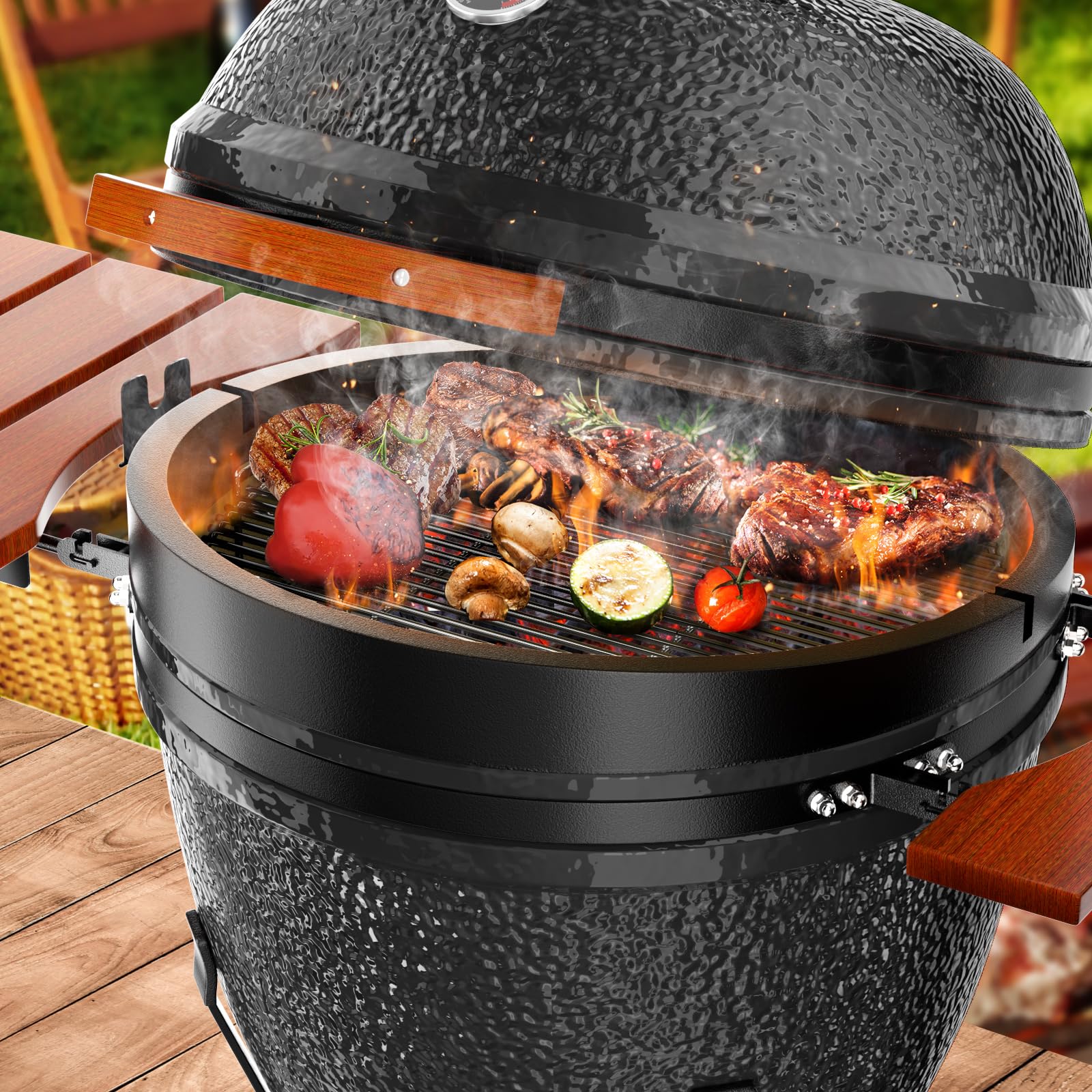 ROOMTEC 18-Inch Kamado Ceramic Charcoal Grill, Portable Grill Charcoal with Cart/Side Shelves/Cover, Tabletop Barbecue Grill for Home Party and Outdoor Backyard Cooking, Black - CookCave