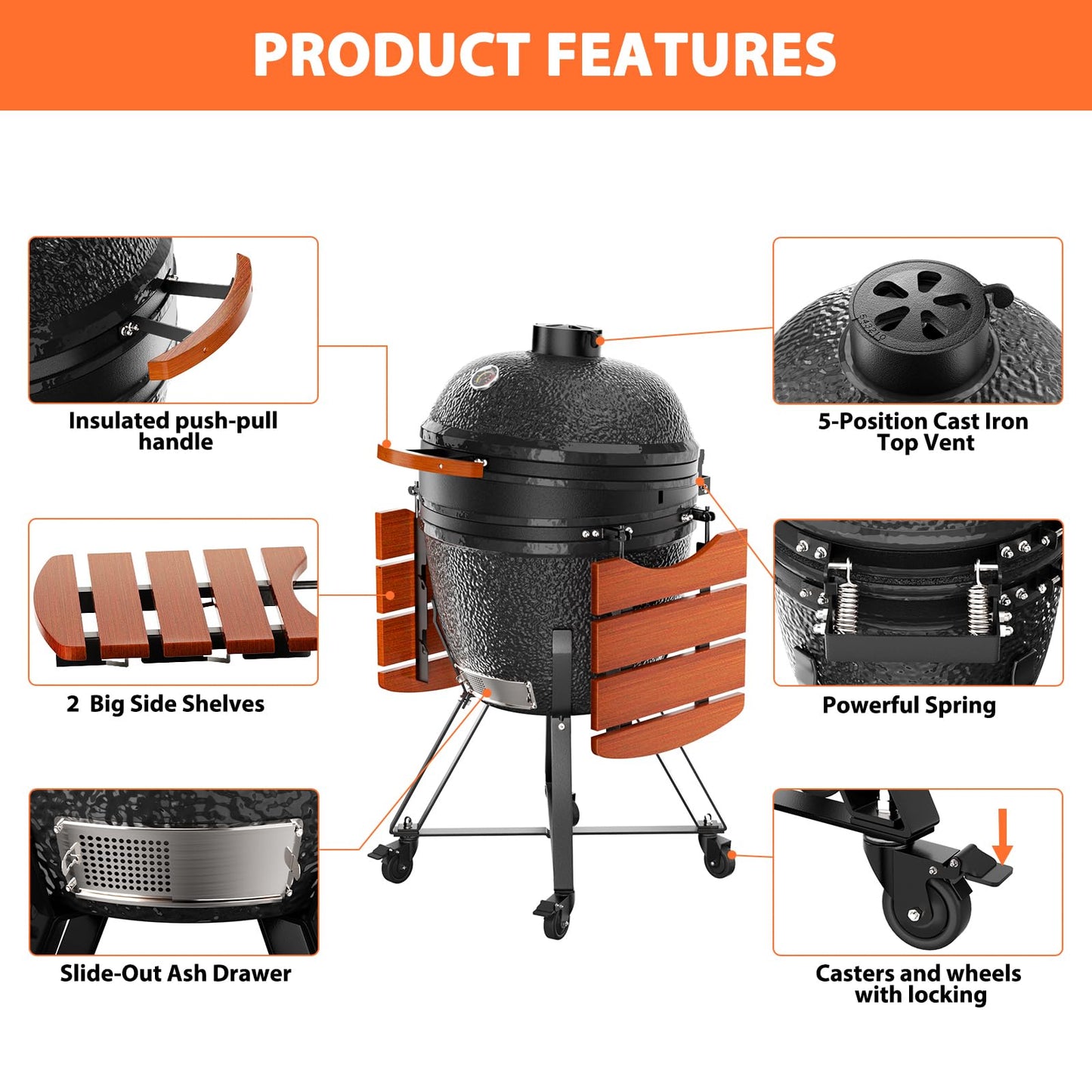 ROOMTEC 18-Inch Kamado Ceramic Charcoal Grill, Portable Grill Charcoal with Cart/Side Shelves/Cover, Tabletop Barbecue Grill for Home Party and Outdoor Backyard Cooking, Black - CookCave