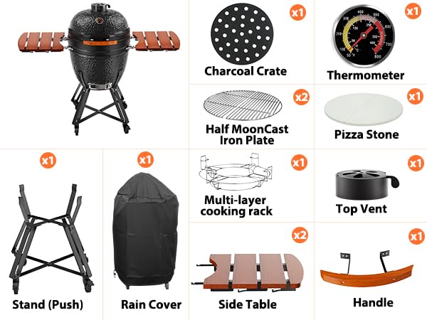 ROOMTEC 18-Inch Kamado Ceramic Charcoal Grill, Portable Grill Charcoal with Cart/Side Shelves/Cover, Tabletop Barbecue Grill for Home Party and Outdoor Backyard Cooking, Black - CookCave