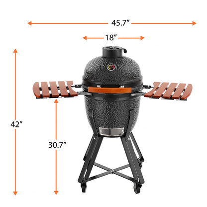 ROOMTEC 18-Inch Kamado Ceramic Charcoal Grill, Portable Grill Charcoal with Cart/Side Shelves/Cover, Tabletop Barbecue Grill for Home Party and Outdoor Backyard Cooking, Black - CookCave