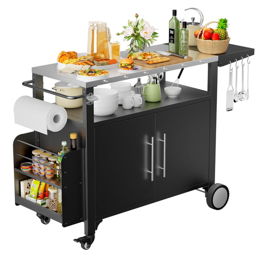 ROOMTEC Outdoor Grill Cart with Storage,Patio Kitchen Island with WheelsHooks and Spice Rack,Waterproof Outdoor Grill Table,Movable BBQ Serving Cart Rolling Bar Cart for Home Party Bar - CookCave