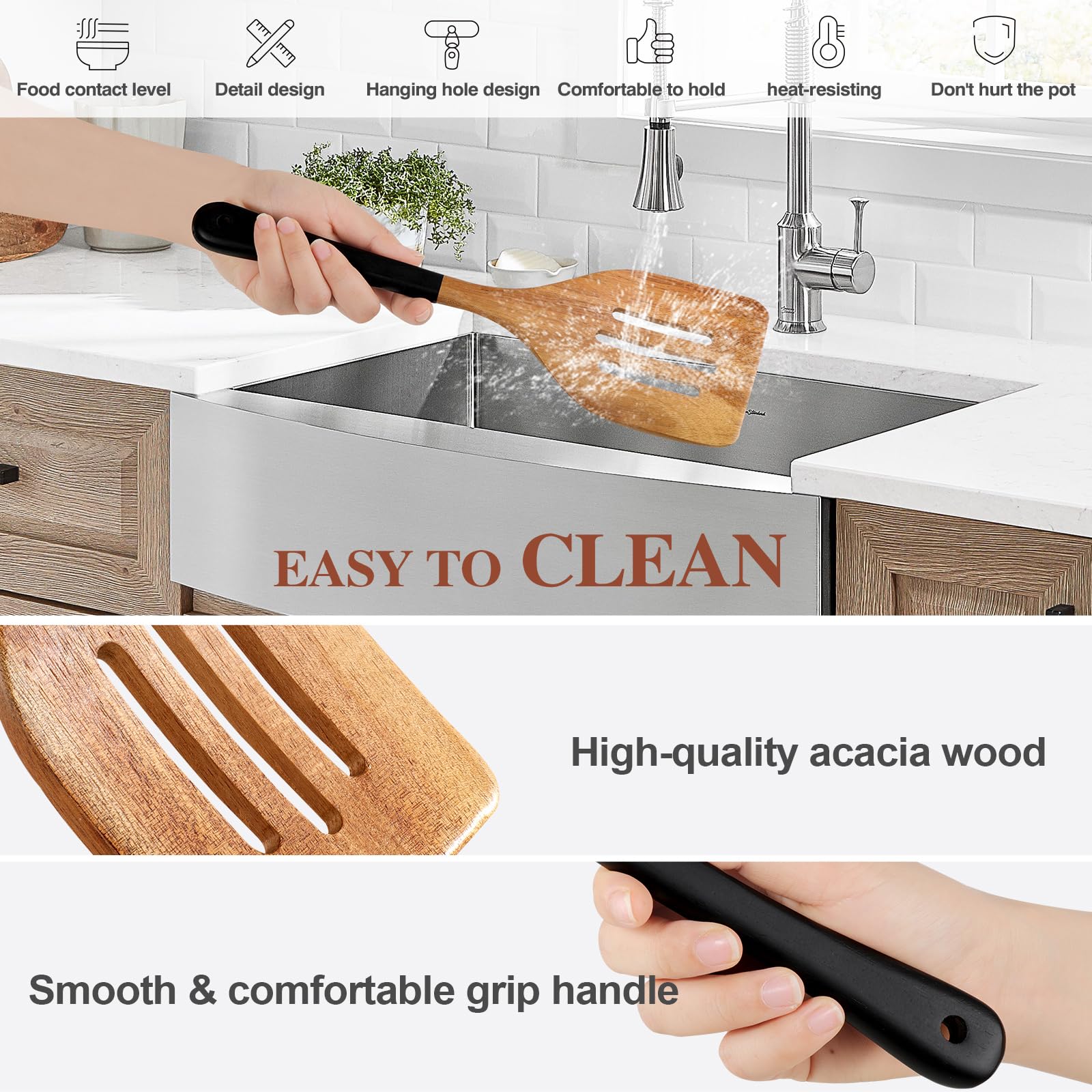 ROSOS Wooden Spoons For Cooking, 6 PCS Natural Acacia Wooden Cooking Utensils or Non-Stick Wooden Kitchen Utensil Set for Kitchen Essentials, Smooth Grip Wooden Cooking Spoons with Hanging Hole, Black - CookCave
