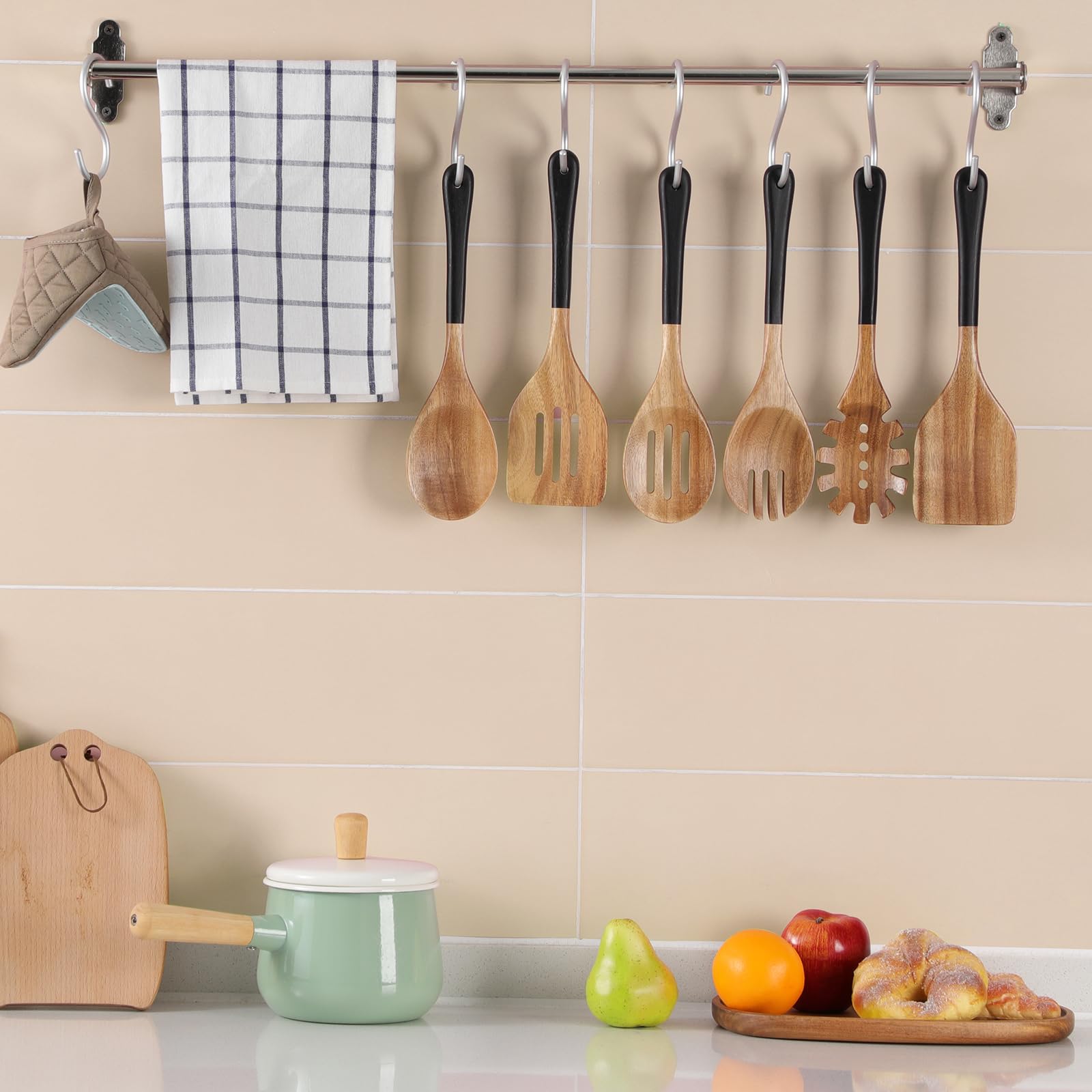 ROSOS Wooden Spoons For Cooking, 6 PCS Natural Acacia Wooden Cooking Utensils or Non-Stick Wooden Kitchen Utensil Set for Kitchen Essentials, Smooth Grip Wooden Cooking Spoons with Hanging Hole, Black - CookCave