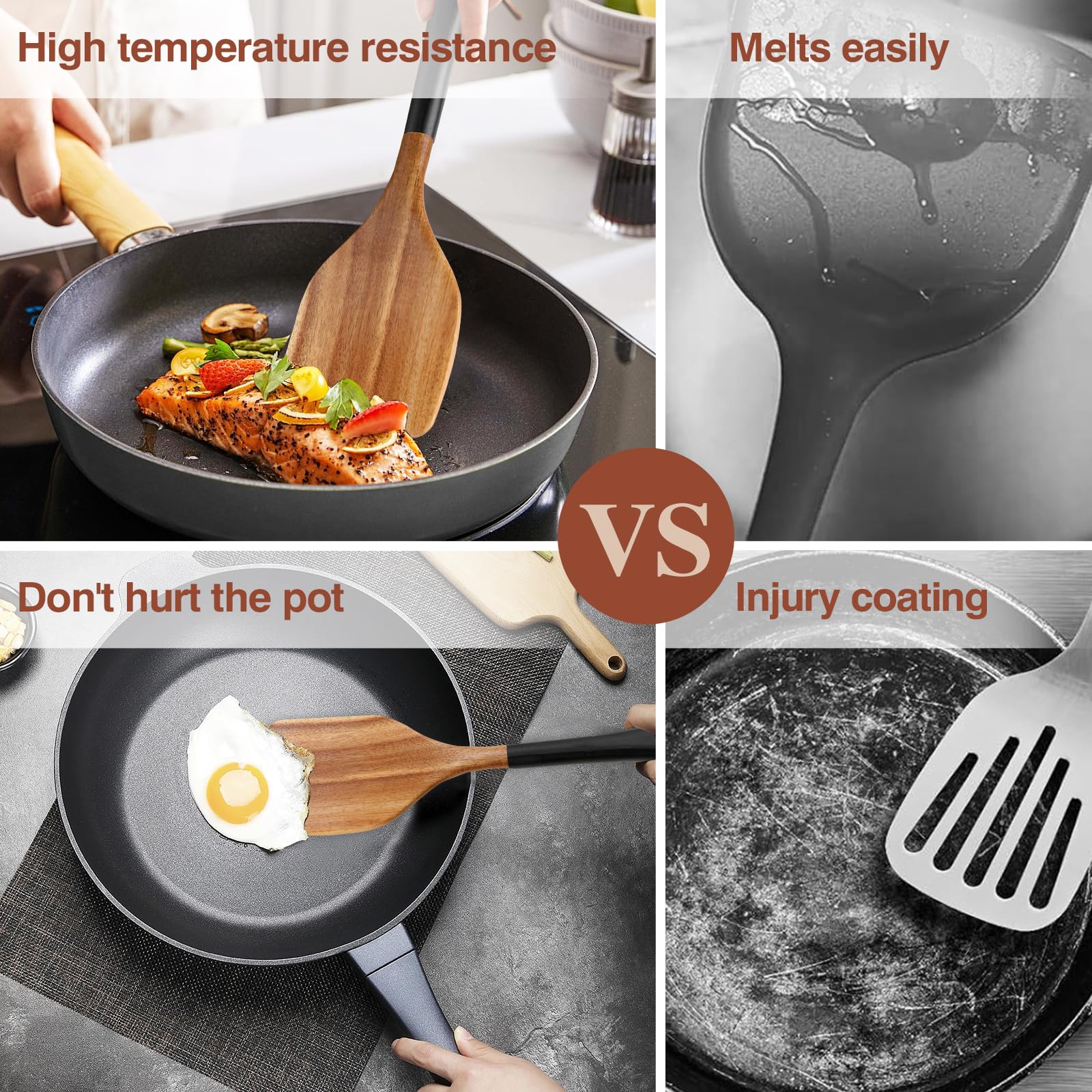 ROSOS Wooden Spoons For Cooking, 6 PCS Natural Acacia Wooden Cooking Utensils or Non-Stick Wooden Kitchen Utensil Set for Kitchen Essentials, Smooth Grip Wooden Cooking Spoons with Hanging Hole, Black - CookCave