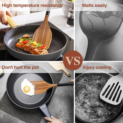 ROSOS Wooden Spoons For Cooking, 6 PCS Natural Acacia Wooden Cooking Utensils or Non-Stick Wooden Kitchen Utensil Set for Kitchen Essentials, Smooth Grip Wooden Cooking Spoons with Hanging Hole, Black - CookCave