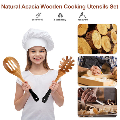 ROSOS Wooden Spoons For Cooking, 6 PCS Natural Acacia Wooden Cooking Utensils or Non-Stick Wooden Kitchen Utensil Set for Kitchen Essentials, Smooth Grip Wooden Cooking Spoons with Hanging Hole, Black - CookCave