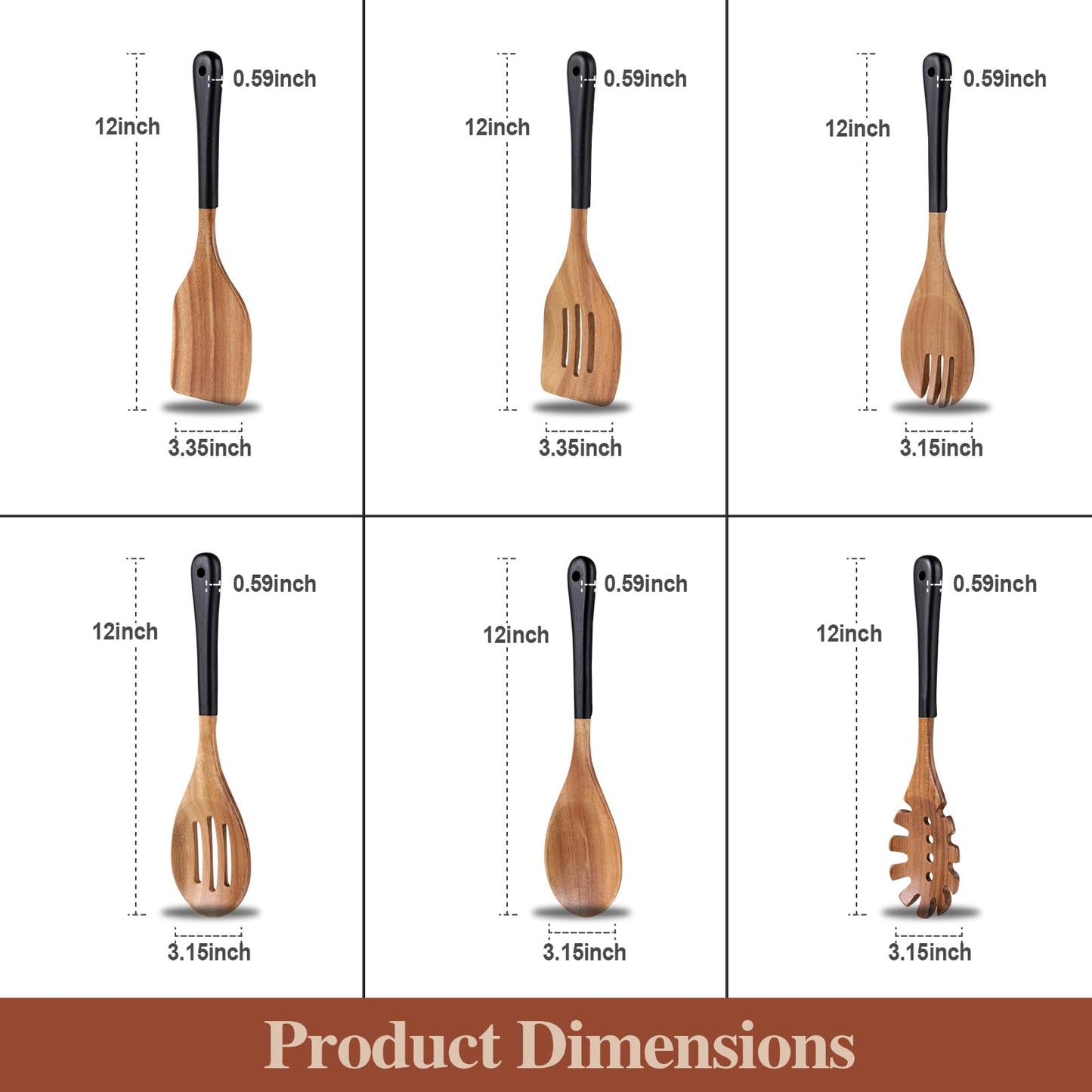 ROSOS Wooden Spoons For Cooking, 6 PCS Natural Acacia Wooden Cooking Utensils or Non-Stick Wooden Kitchen Utensil Set for Kitchen Essentials, Smooth Grip Wooden Cooking Spoons with Hanging Hole, Black - CookCave