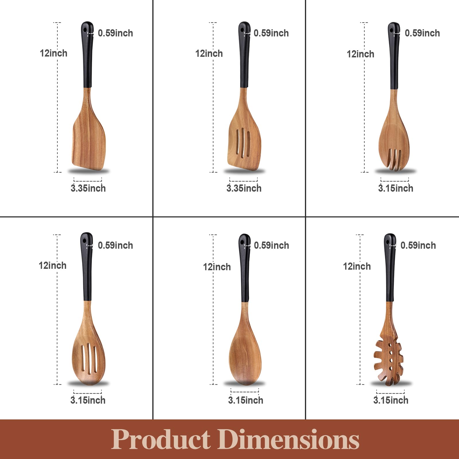 ROSOS Wooden Spoons For Cooking, 6 PCS Natural Acacia Wooden Cooking Utensils or Non-Stick Wooden Kitchen Utensil Set for Kitchen Essentials, Smooth Grip Wooden Cooking Spoons with Hanging Hole, Black - CookCave