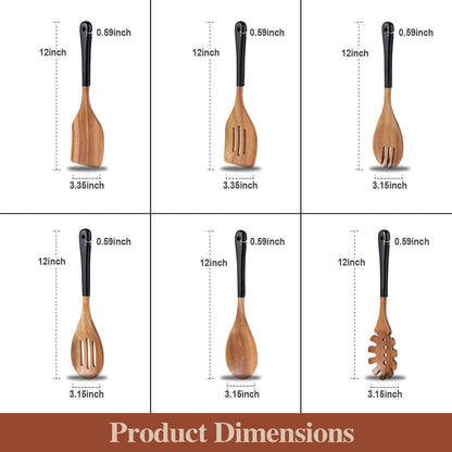 ROSOS Wooden Spoons For Cooking, 6 PCS Natural Acacia Wooden Cooking Utensils or Non-Stick Wooden Kitchen Utensil Set for Kitchen Essentials, Smooth Grip Wooden Cooking Spoons with Hanging Hole, Black - CookCave