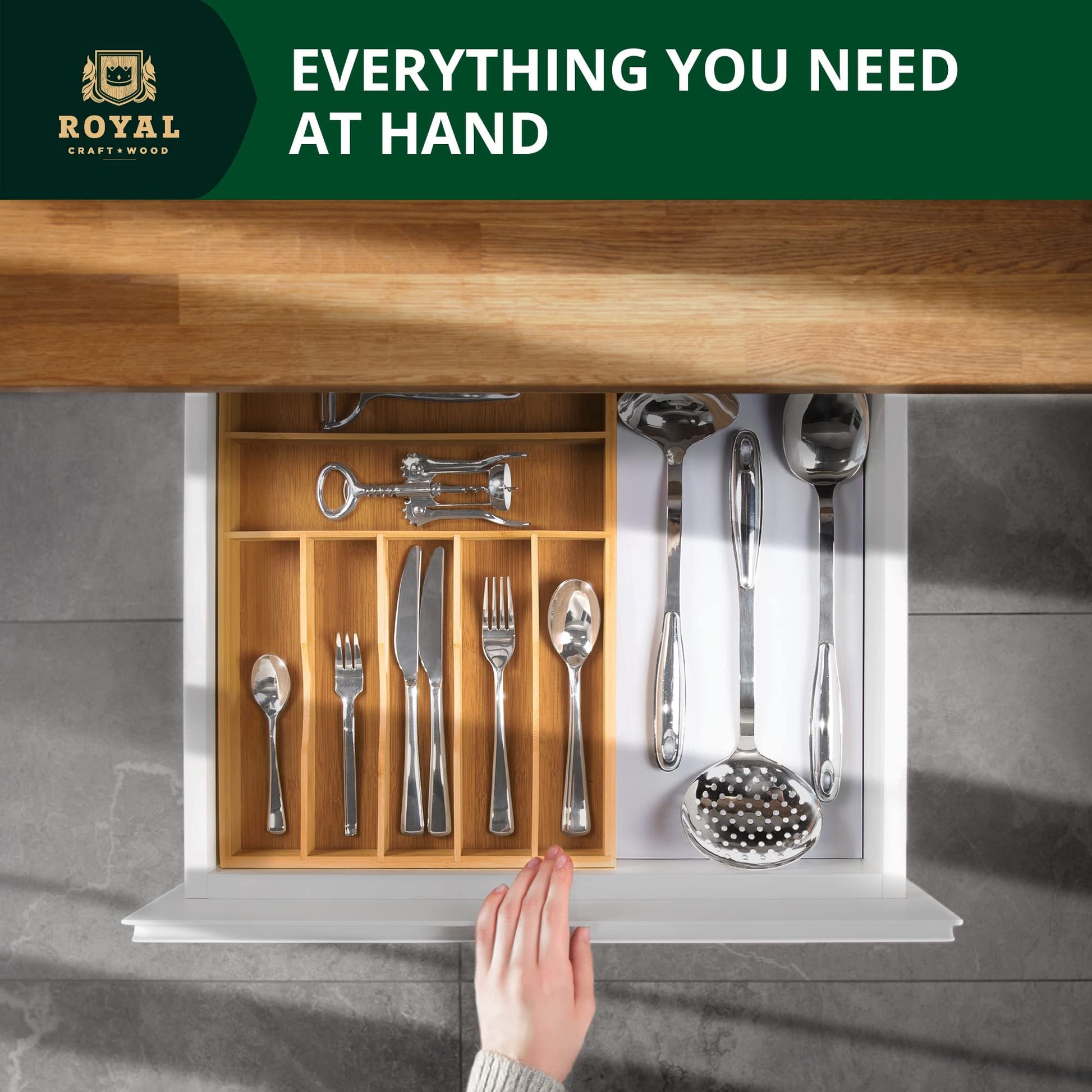 ROYAL CRAFT WOOD Luxury Bamboo Kitchen Drawer Organizer - Silverware Organizer - Utensil Holder and Cutlery Tray with Grooved Drawer Dividers for Flatware and Kitchen Utensils (7 Slot, Natural) - CookCave