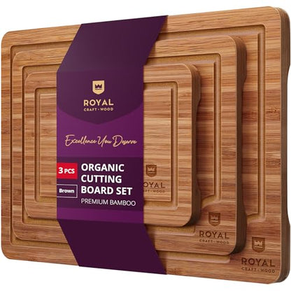 ROYAL CRAFT WOOD Wooden Cutting Boards for Kitchen Meal Prep & Serving - Bamboo Wood Serving Board Set with Deep Juice Groove Side Handles - Charcuterie & Chopping Butcher Block for Meat (3 Pcs) - CookCave