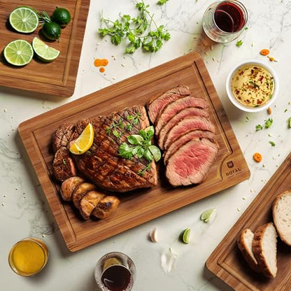 ROYAL CRAFT WOOD Wooden Cutting Boards for Kitchen Meal Prep & Serving - Bamboo Wood Serving Board Set with Deep Juice Groove Side Handles - Charcuterie & Chopping Butcher Block for Meat (3 Pcs) - CookCave