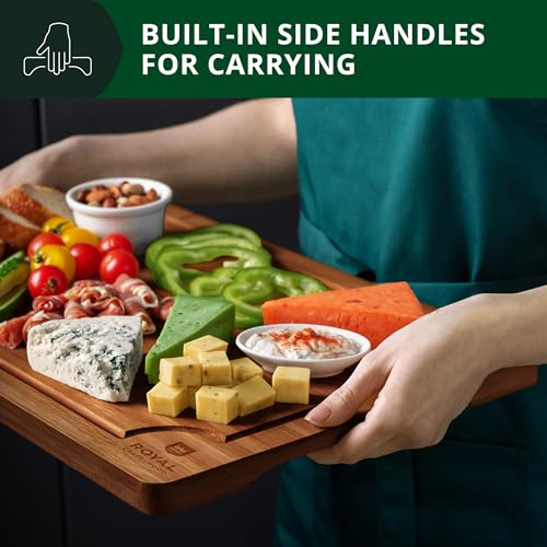 ROYAL CRAFT WOOD Wooden Cutting Boards for Kitchen Meal Prep & Serving - Bamboo Wood Serving Board Set with Deep Juice Groove Side Handles - Charcuterie & Chopping Butcher Block for Meat (3 Pcs) - CookCave