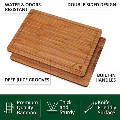 ROYAL CRAFT WOOD Wooden Cutting Boards for Kitchen Meal Prep & Serving - Bamboo Wood Serving Board Set with Deep Juice Groove Side Handles - Charcuterie & Chopping Butcher Block for Meat (3 Pcs) - CookCave