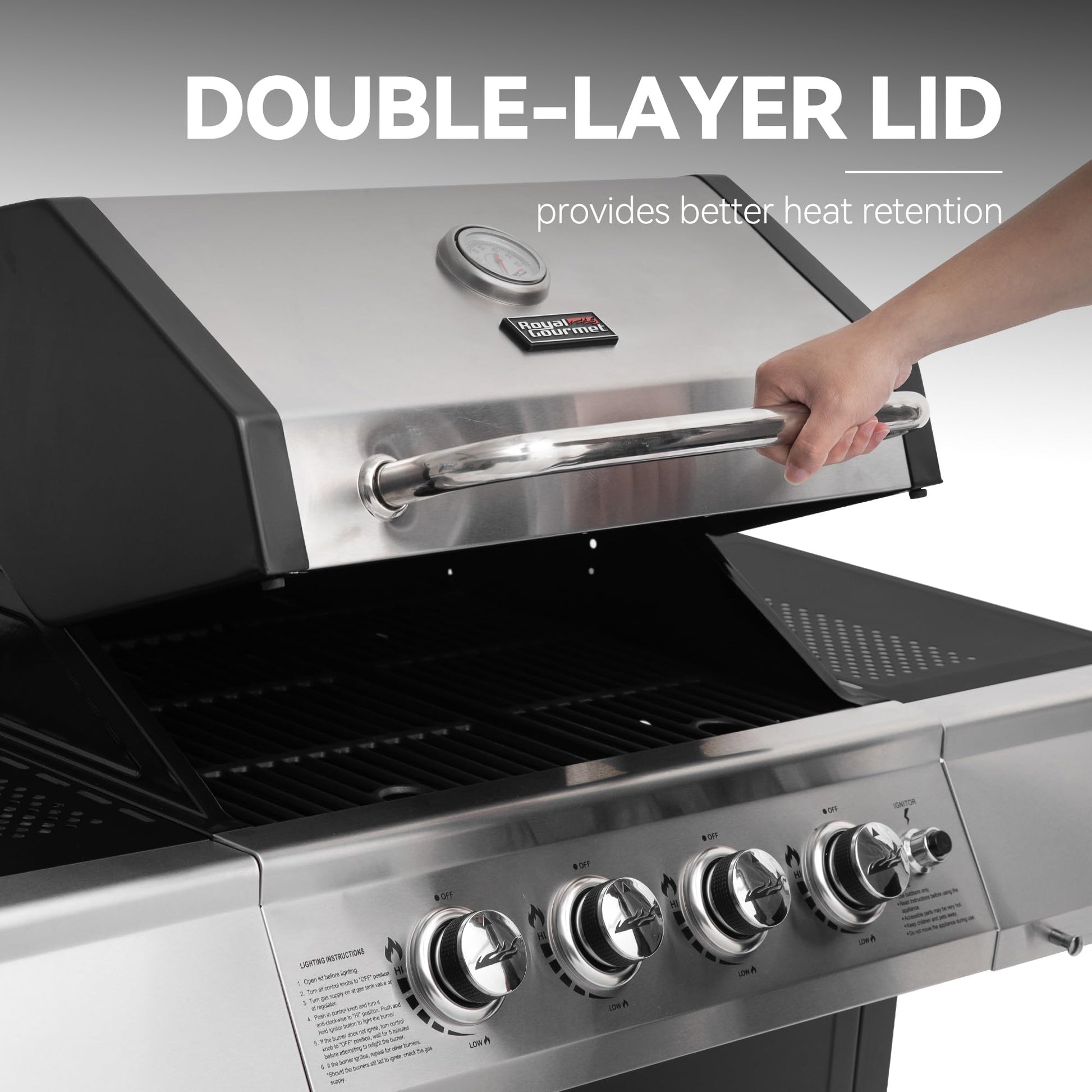 Royal Gourmet 4-Burner Propane Gas Grill with Warming Rack, Outdoor BBQ Grill with 34,000 BTUs Output for Patio Garden Barbecue Grilling, Black & Silver - CookCave