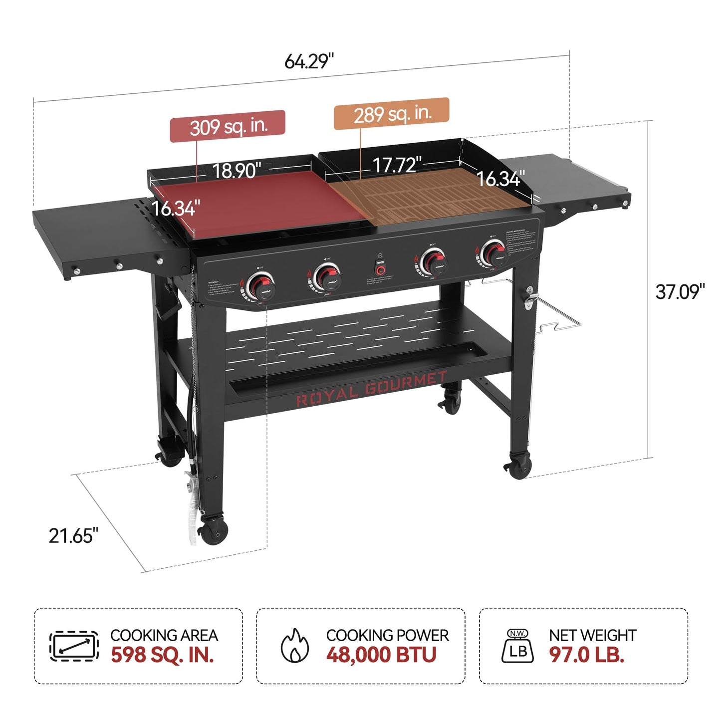 Royal Gourmet GD405A 4 Burner Propane Gas Grill and Griddle Combo with Grilling Gear Set, Griddle Grill Combo with Foldable Side Tables for Outdoor Cooking While Camping or Tailgating, Black - CookCave