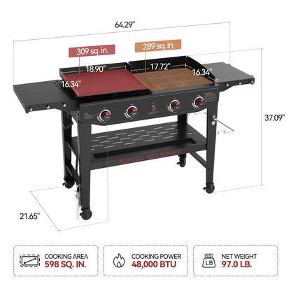 Royal Gourmet GD405A 4 Burner Propane Gas Grill and Griddle Combo with Grilling Gear Set, Griddle Grill Combo with Foldable Side Tables for Outdoor Cooking While Camping or Tailgating, Black - CookCave