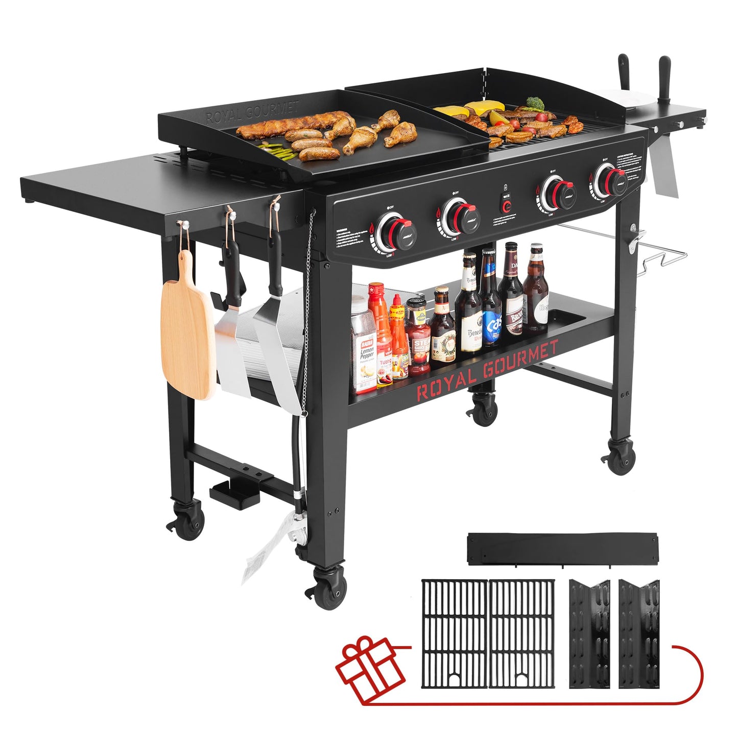 Royal Gourmet GD405A 4 Burner Propane Gas Grill and Griddle Combo with Grilling Gear Set, Griddle Grill Combo with Foldable Side Tables for Outdoor Cooking While Camping or Tailgating, Black - CookCave