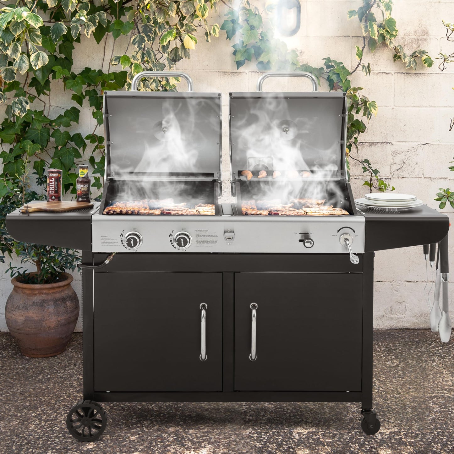 Royal Gourmet ZH3002N Propane Gas and Charcoal Grill Combo, Dual Fuel BBQ Grill with 2 Side Shelves for Outdoor Patio Garden Backyard Barbecue, 20,000 BTUs, Silver & Black - CookCave