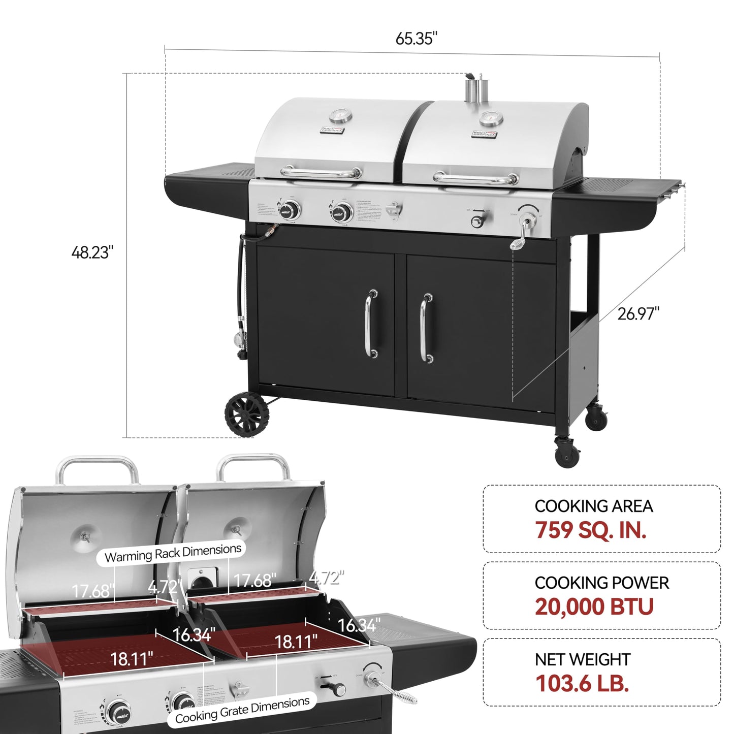 Royal Gourmet ZH3002N Propane Gas and Charcoal Grill Combo, Dual Fuel BBQ Grill with 2 Side Shelves for Outdoor Patio Garden Backyard Barbecue, 20,000 BTUs, Silver & Black - CookCave