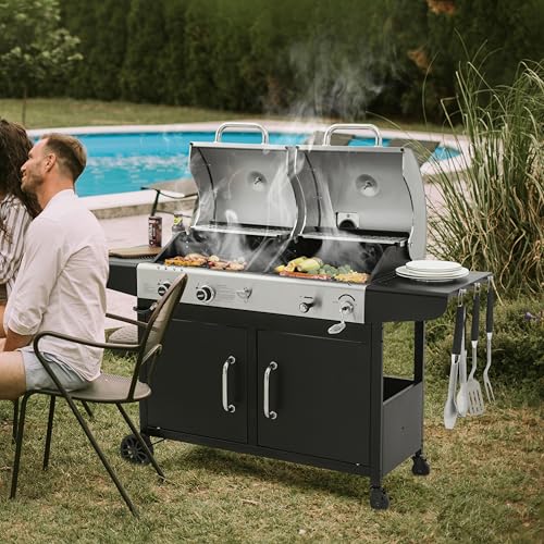 Royal Gourmet ZH3002N Propane Gas and Charcoal Grill Combo, Dual Fuel BBQ Grill with 2 Side Shelves for Outdoor Patio Garden Backyard Barbecue, 20,000 BTUs, Silver & Black - CookCave