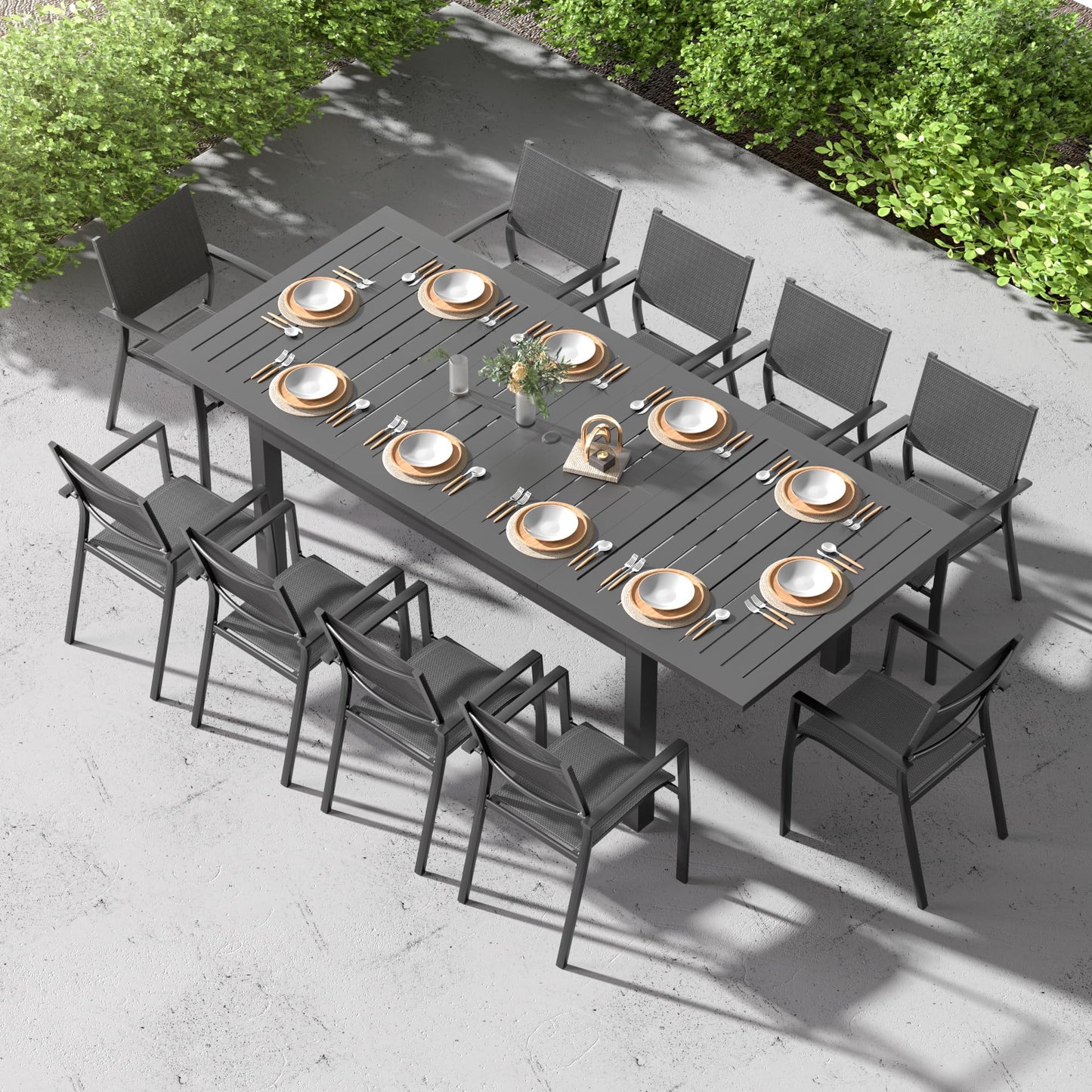 RoyalCraft Patio Expandable Table Dining Set for 4 to 10, Aluminum Outdoor Dining Table, Rectangular Patio Metal Table with Umbrella Hole for Backyard Porch, Deck ? Garden, Easy Assembly, Dark Grey - CookCave