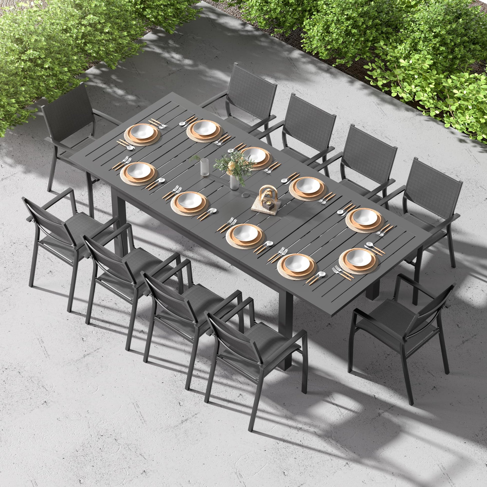 RoyalCraft Patio Expandable Table Dining Set for 4 to 10, Aluminum Outdoor Dining Table, Rectangular Patio Metal Table with Umbrella Hole for Backyard Porch, Deck ? Garden, Easy Assembly, Dark Grey - CookCave