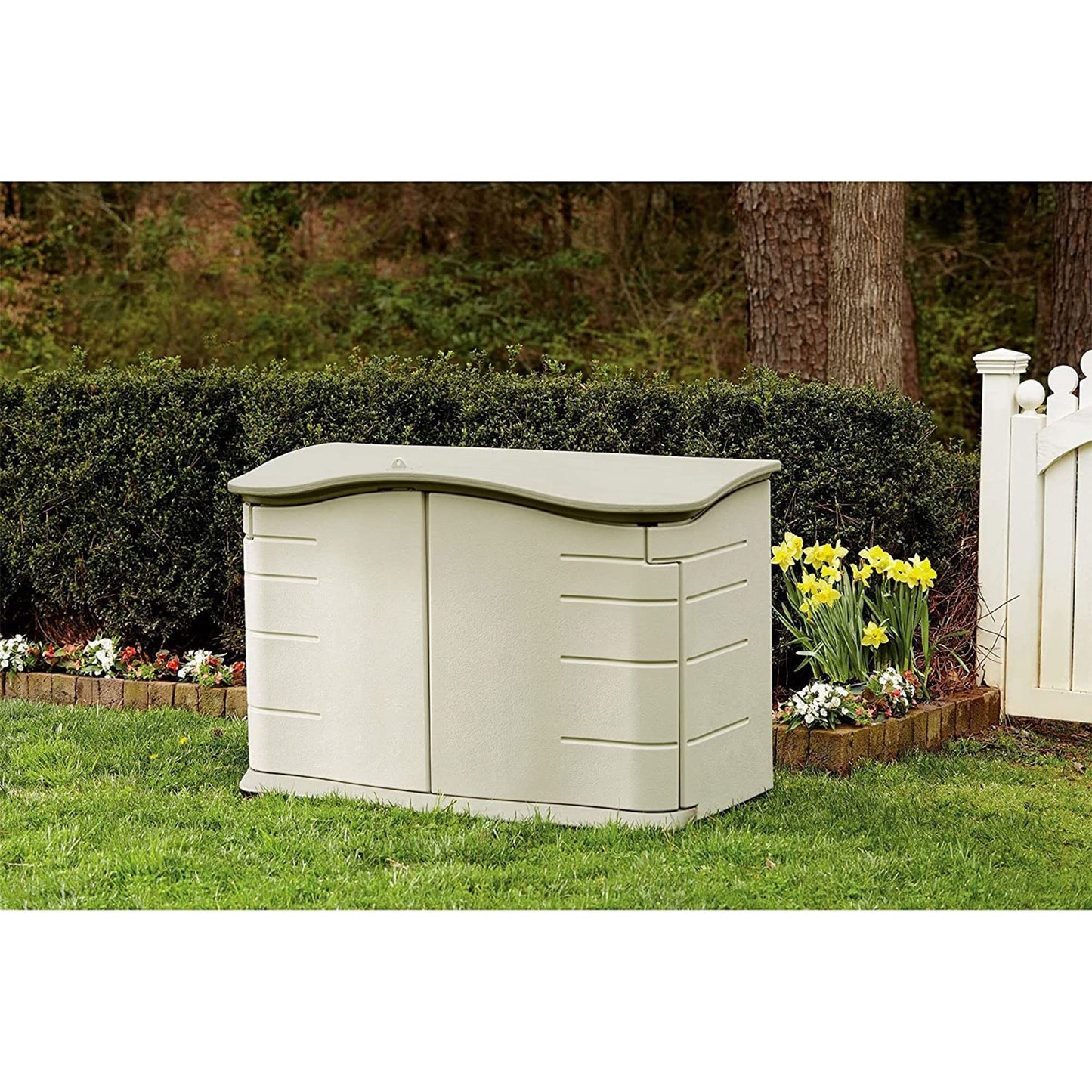 Rubbermaid Small Horizontal Resin Outdoor Storage Shed With Floor (4.5 x 3 Ft) Weather Resistant, Beige/Brown, Organization for Home/Backyard/Pool Chemicals/Toys/Garden Tools/Porch/Patio Cushions - CookCave