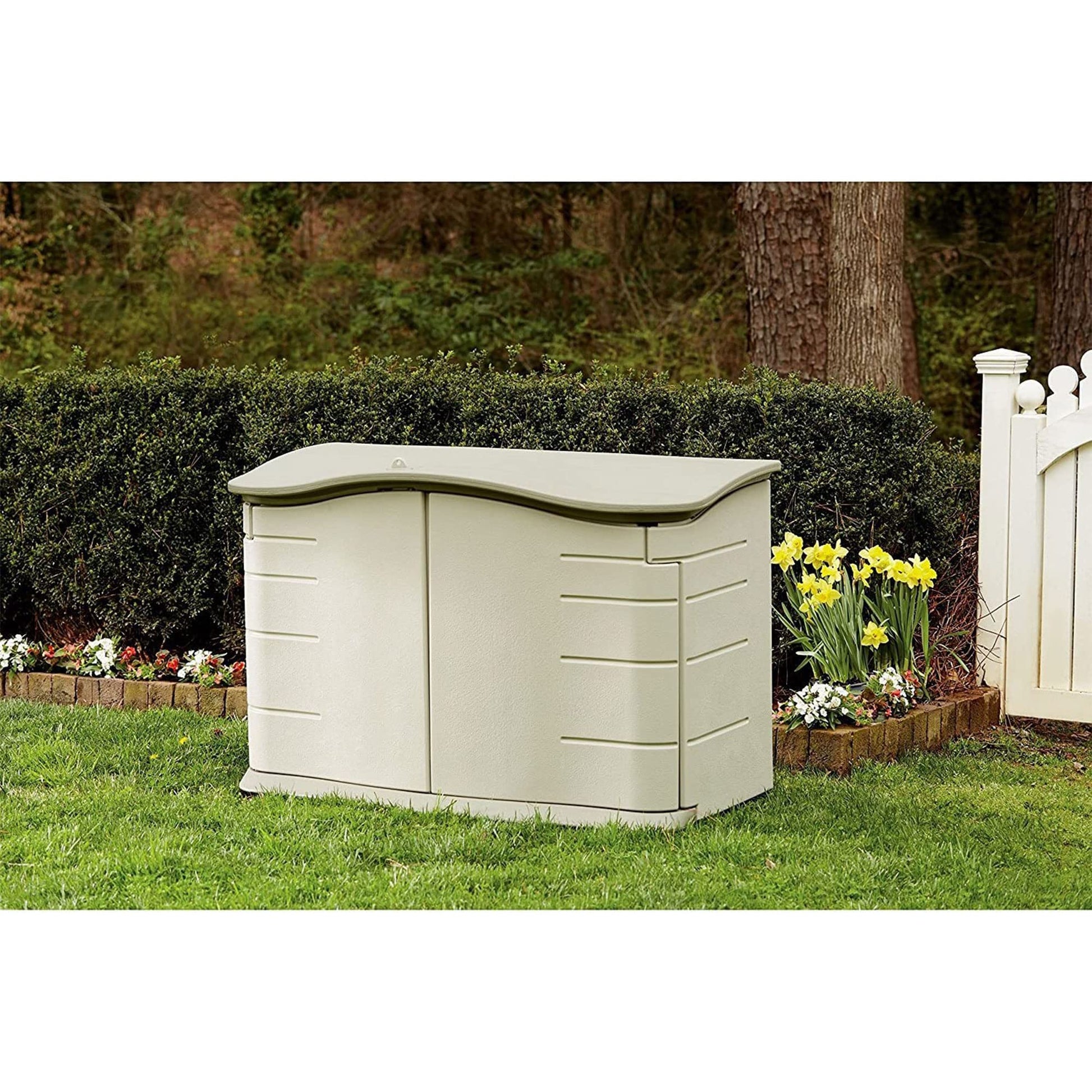 Rubbermaid Small Horizontal Resin Outdoor Storage Shed With Floor (4.5 x 3 Ft) Weather Resistant, Beige/Brown, Organization for Home/Backyard/Pool Chemicals/Toys/Garden Tools/Porch/Patio Cushions - CookCave