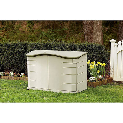 Rubbermaid Small Horizontal Resin Outdoor Storage Shed With Floor (4.5 x 3 Ft) Weather Resistant, Beige/Brown, Organization for Home/Backyard/Pool Chemicals/Toys/Garden Tools/Porch/Patio Cushions - CookCave