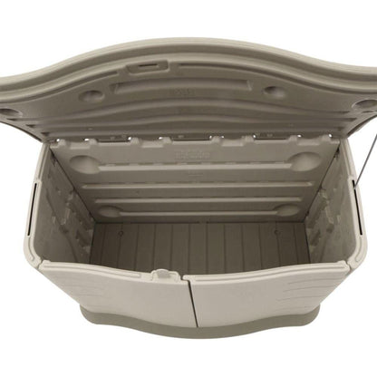 Rubbermaid Small Horizontal Resin Outdoor Storage Shed With Floor (4.5 x 3 Ft) Weather Resistant, Beige/Brown, Organization for Home/Backyard/Pool Chemicals/Toys/Garden Tools/Porch/Patio Cushions - CookCave