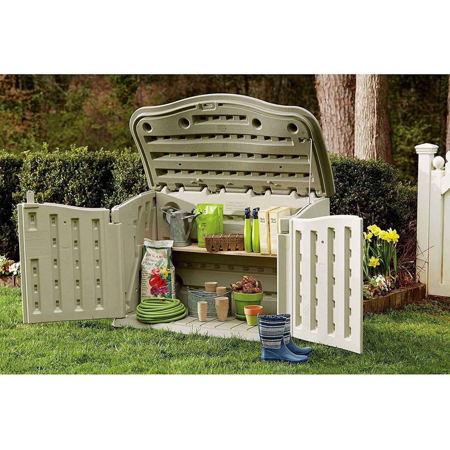 Rubbermaid Small Horizontal Resin Outdoor Storage Shed With Floor (4.5 x 3 Ft) Weather Resistant, Beige/Brown, Organization for Home/Backyard/Pool Chemicals/Toys/Garden Tools/Porch/Patio Cushions - CookCave