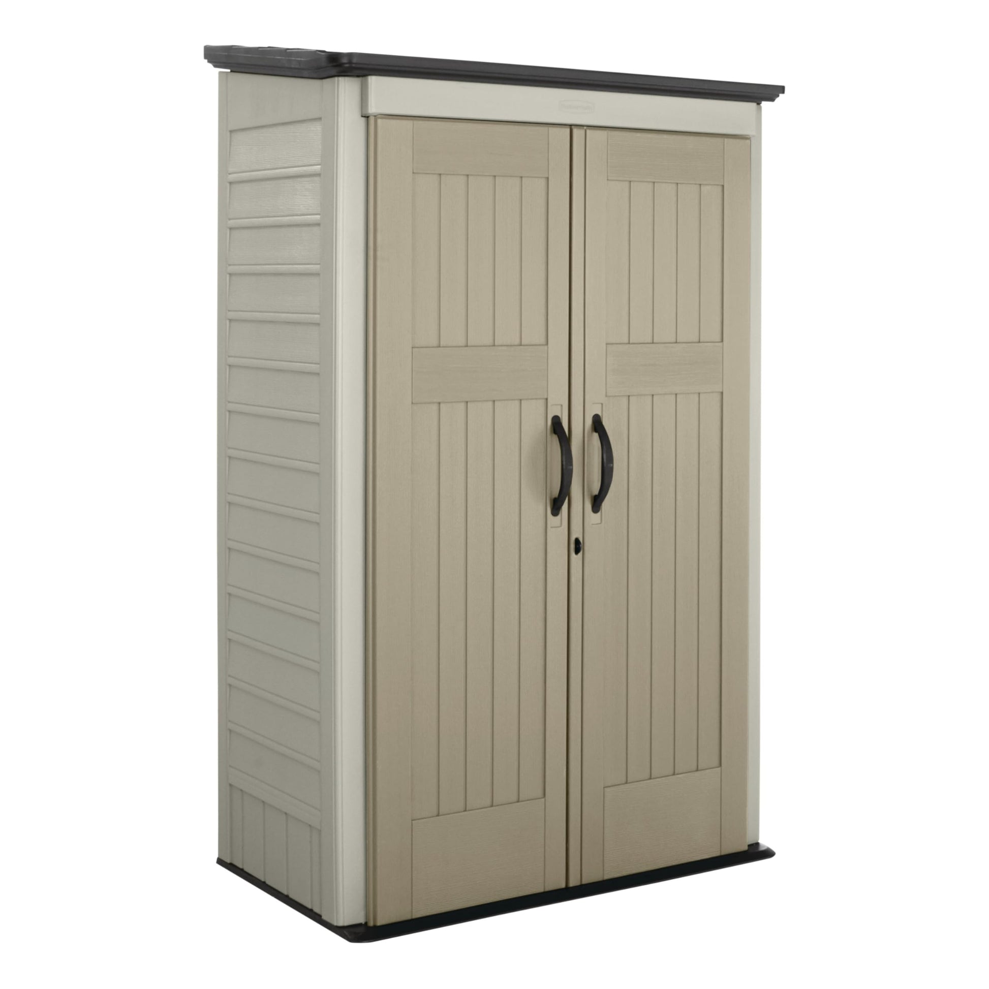 Rubbermaid Vertical Resin Outdoor Storage Shed With Floor (4 x 2.5 Ft) Weather Resistant Beige/Brown Organization for Home/Backyard/Pool Chemicals/Toys/Garden Tools/Porch/Patio Cushions - CookCave