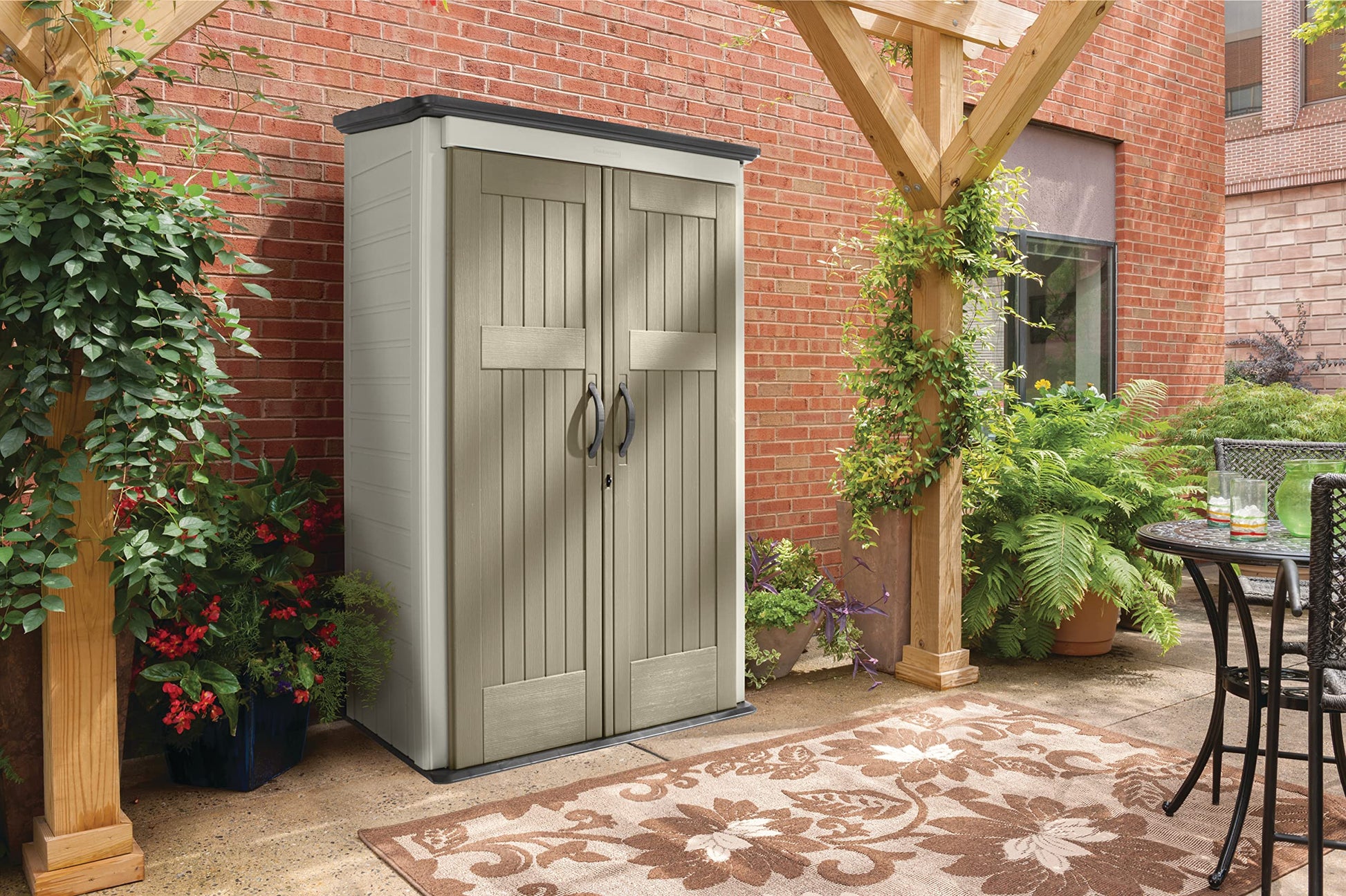 Rubbermaid Vertical Resin Outdoor Storage Shed With Floor (4 x 2.5 Ft) Weather Resistant Beige/Brown Organization for Home/Backyard/Pool Chemicals/Toys/Garden Tools/Porch/Patio Cushions - CookCave