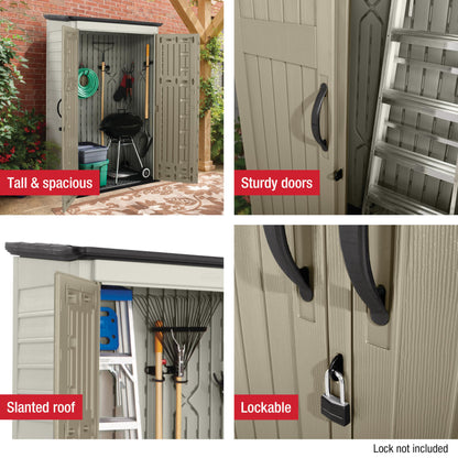 Rubbermaid Vertical Resin Outdoor Storage Shed With Floor (4 x 2.5 Ft) Weather Resistant Beige/Brown Organization for Home/Backyard/Pool Chemicals/Toys/Garden Tools/Porch/Patio Cushions - CookCave