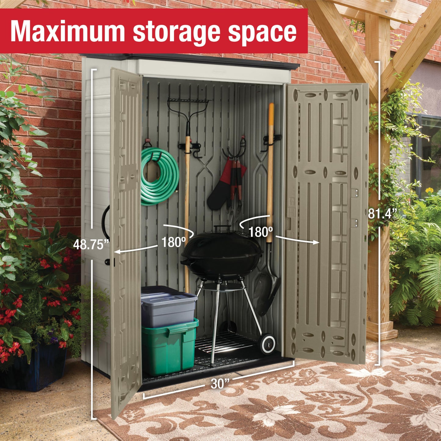 Rubbermaid Vertical Resin Outdoor Storage Shed With Floor (4 x 2.5 Ft) Weather Resistant Beige/Brown Organization for Home/Backyard/Pool Chemicals/Toys/Garden Tools/Porch/Patio Cushions - CookCave