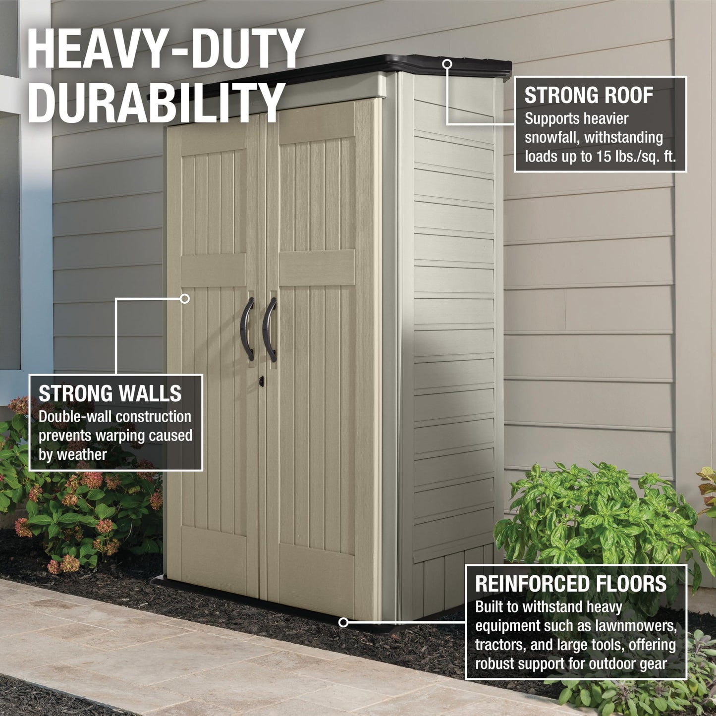 Rubbermaid Vertical Resin Outdoor Storage Shed With Floor (4 x 2.5 Ft) Weather Resistant Beige/Brown Organization for Home/Backyard/Pool Chemicals/Toys/Garden Tools/Porch/Patio Cushions - CookCave