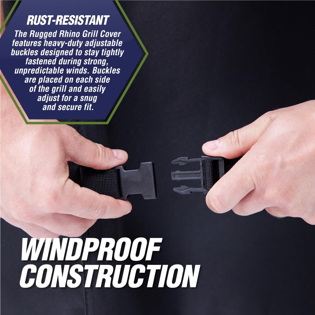 Rugged Rhino All Season Heavy Duty Grill Cover, Three Layer Waterproof UV Resistant and Windproof Covers for Outdoor, Secure Buckle Closure, Grilling Griddle Storage Outside, 58"L x 24"W x 48"H, Black - CookCave