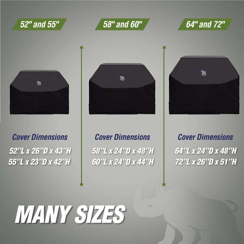 Rugged Rhino All Season Heavy Duty Grill Cover, Three Layer Waterproof UV Resistant and Windproof Covers for Outdoor, Secure Buckle Closure, Grilling Griddle Storage Outside, 58"L x 24"W x 48"H, Black - CookCave