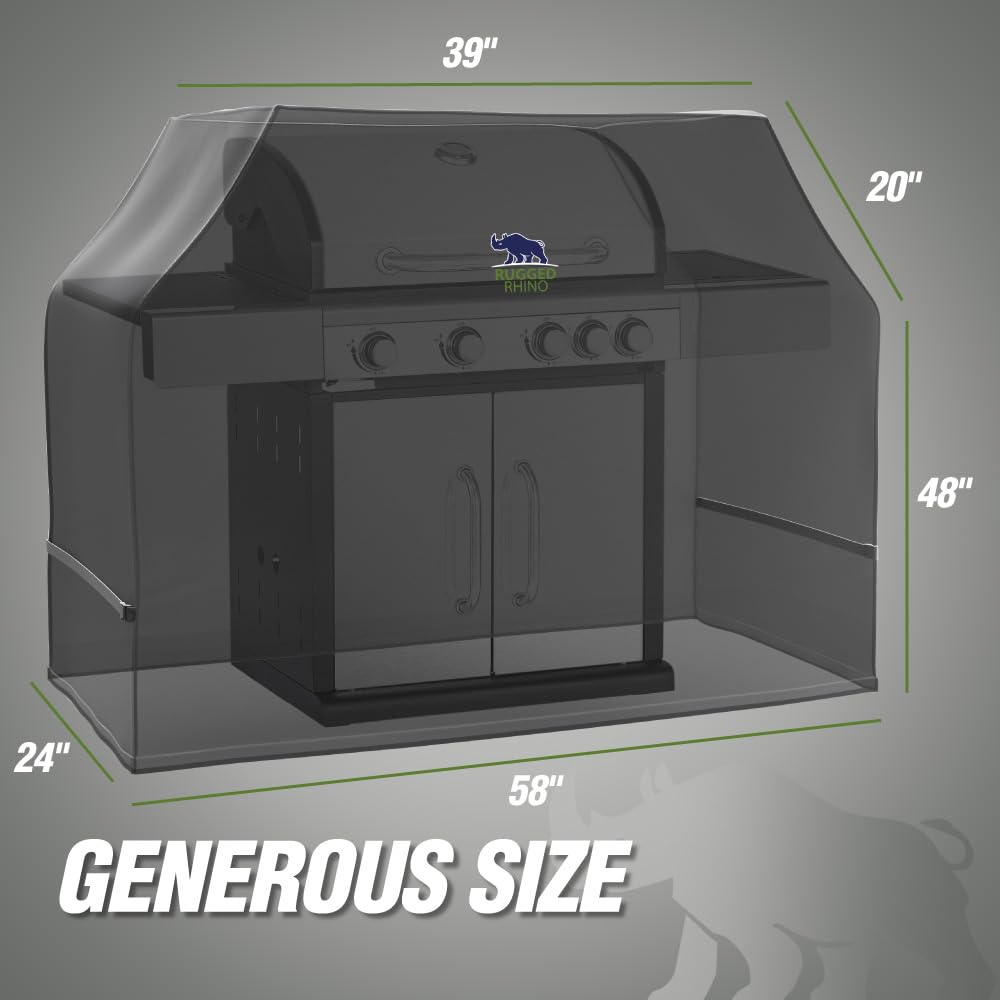 Rugged Rhino All Season Heavy Duty Grill Cover, Three Layer Waterproof UV Resistant and Windproof Covers for Outdoor, Secure Buckle Closure, Grilling Griddle Storage Outside, 58"L x 24"W x 48"H, Black - CookCave