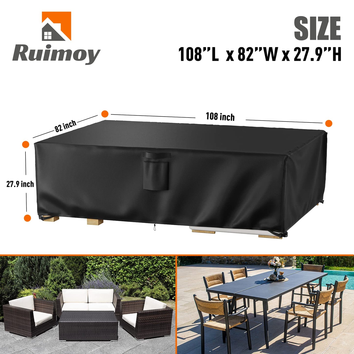 Ruimoy Patio Furniture Covers, Outdoor Furniture Cover Waterproof, General Purpose, Outside Table and Chair Covers, Heavy Duty 600D (108 Inch L x 82 Inch W x 27.9 Inch H) - CookCave