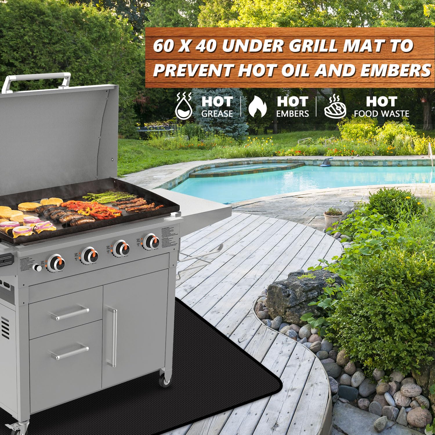 Rumlick 60 x 40 inch Under Grill Mats for Outdoor Grill, Oil and Waterproof, Double-Sided Fireproof Fire Pit Fireplace Outdoor BBQ Mat for Protecting Deck and Lawn - CookCave