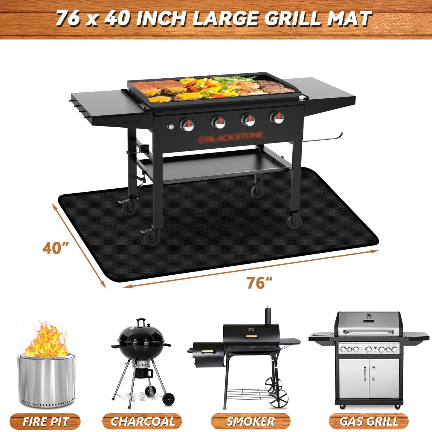 Rumlick 76x40 inches Under Grill Mat for Blackstone Grill, Large Double-Sided Fireproof Protective Mat for Deck, Oilproof Waterproof BBQ Fire Pit Fireplace Mat - CookCave