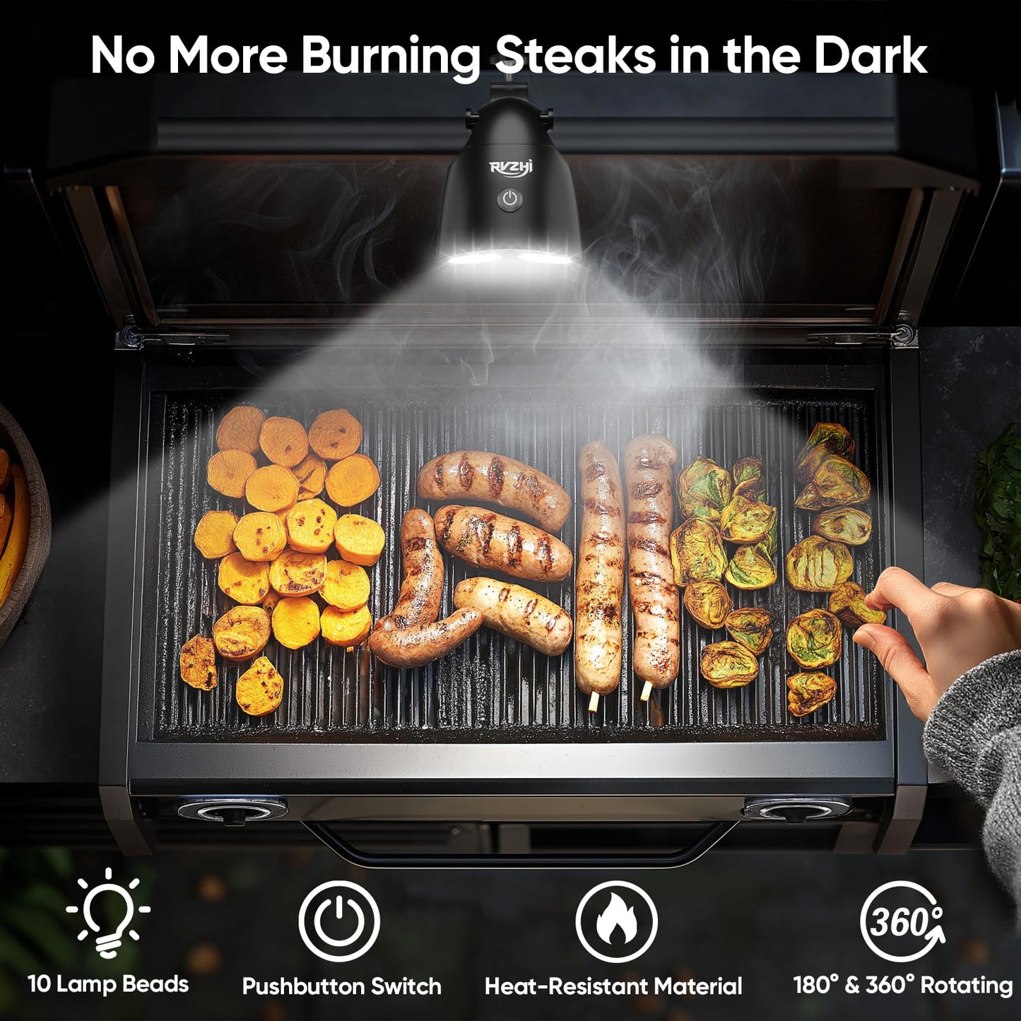 RVZHI Grill Light Grilling Accessories: Men Gifts for Fathers Day Grilling Gifts for Dad Husband - Smoker BBQ Accessories for Outdoor Grill - BBQ Light with Two Brightness Settings Batteries Included - CookCave