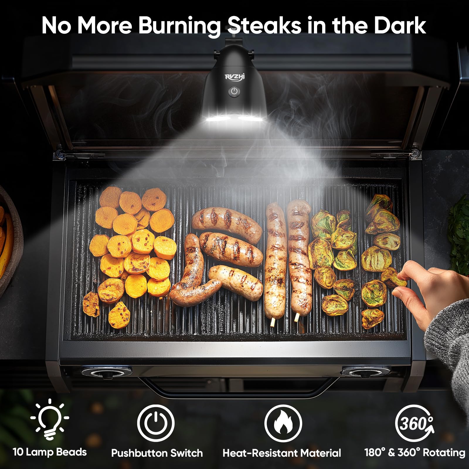 RVZHI Grill Light Grilling Accessories: Men Gifts for Fathers Day Grilling Gifts for Dad Husband - Smoker BBQ Accessories for Outdoor Grill - BBQ Light with Two Brightness Settings Batteries Included - CookCave