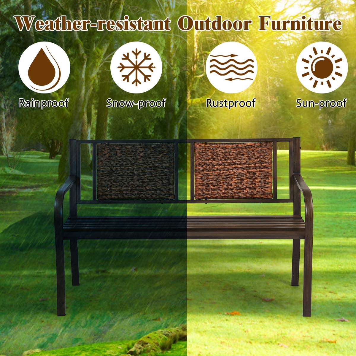 S AFSTAR Outdoor Garden Bench, Brown, Iron, Metal, Polyethylene, Rattan, 50.5 in Width, 2 Adults - CookCave