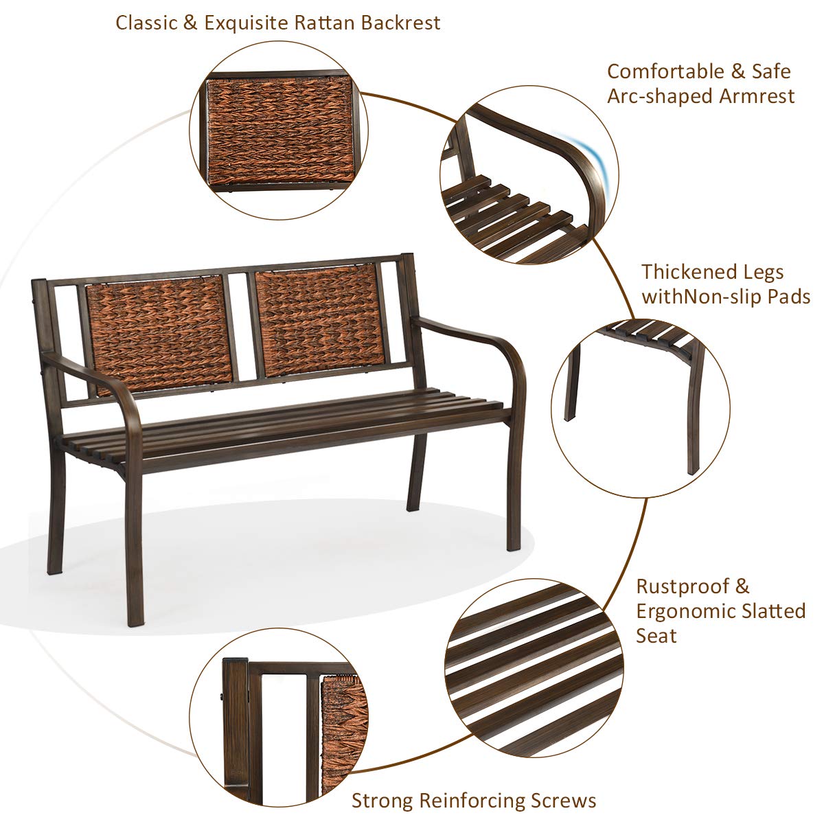 S AFSTAR Outdoor Garden Bench, Brown, Iron, Metal, Polyethylene, Rattan, 50.5 in Width, 2 Adults - CookCave