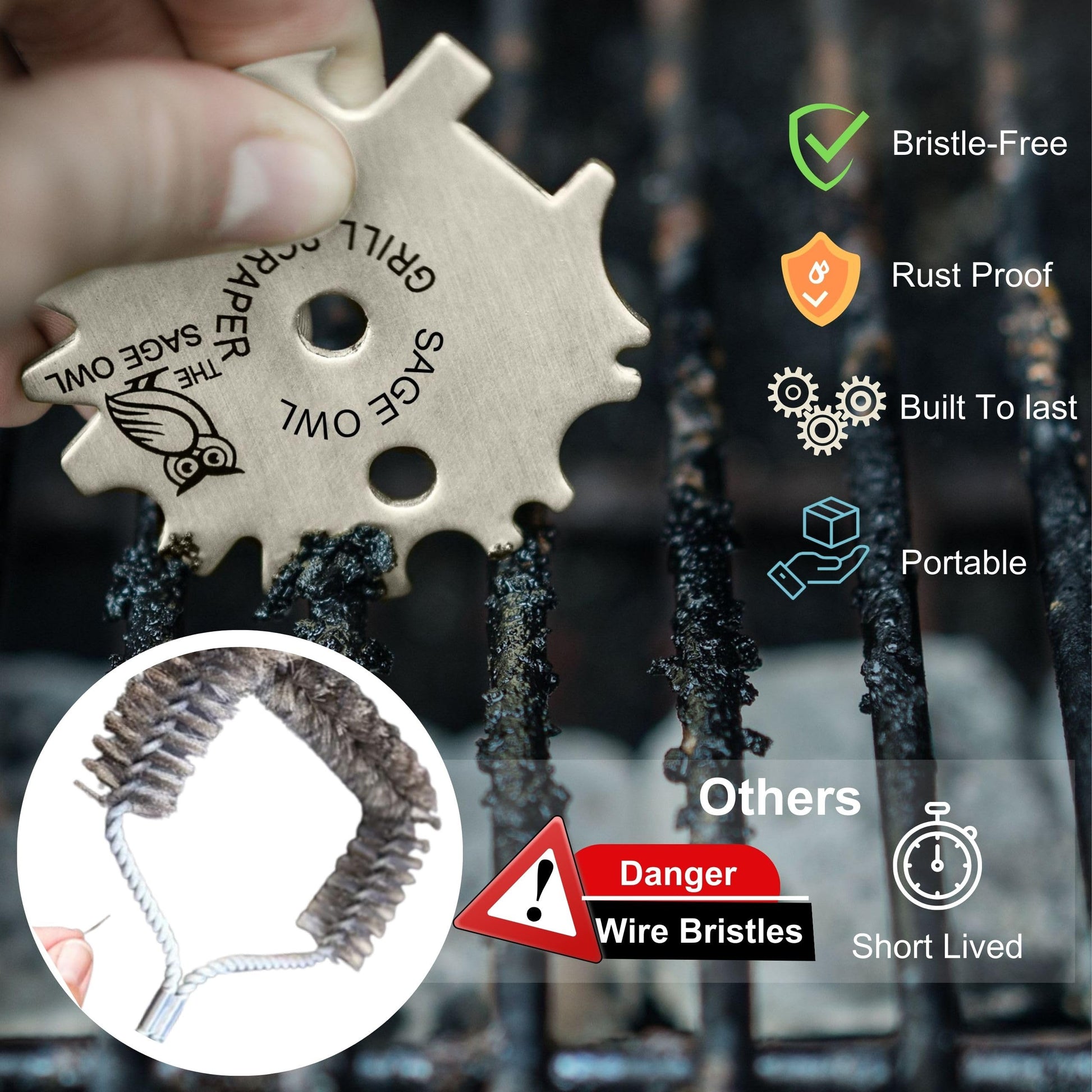 Sage Owl Bristle-Free Stainless Steel BBQ Grill Scraper – Safe Universal Grill Cleaner for Outdoor Grills, Smoker Accessories, Kitchen Gadgets, and Grilling Tools Cooking Stocking Stuffers for Men - CookCave