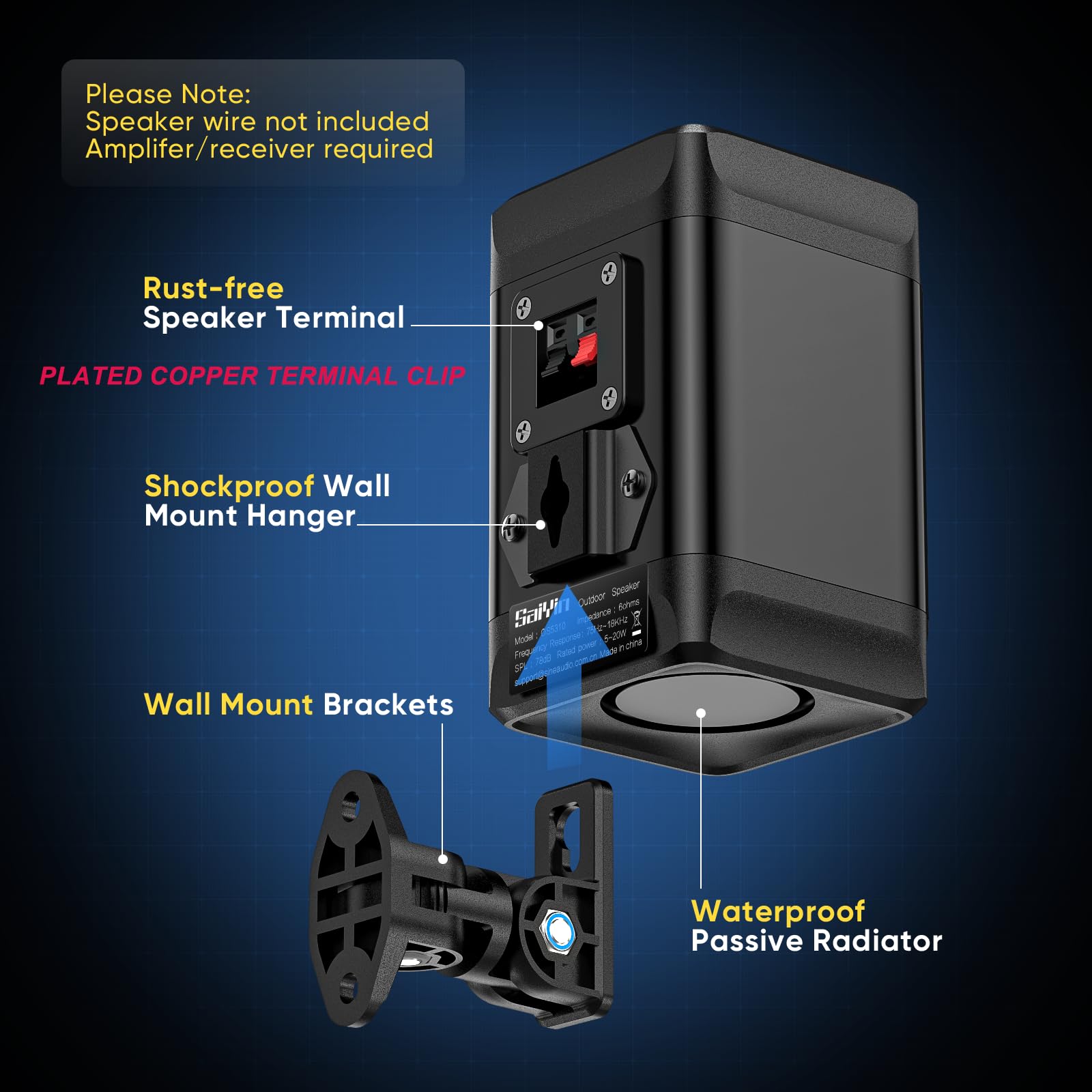 Saiyin Outdoor Indoor Speakers, Marine Grade Mount Speakers, Surround Sound Speakers with Wall Mount Brackets for Boat, Patio, Garage, Home Surround System, One Pair - CookCave